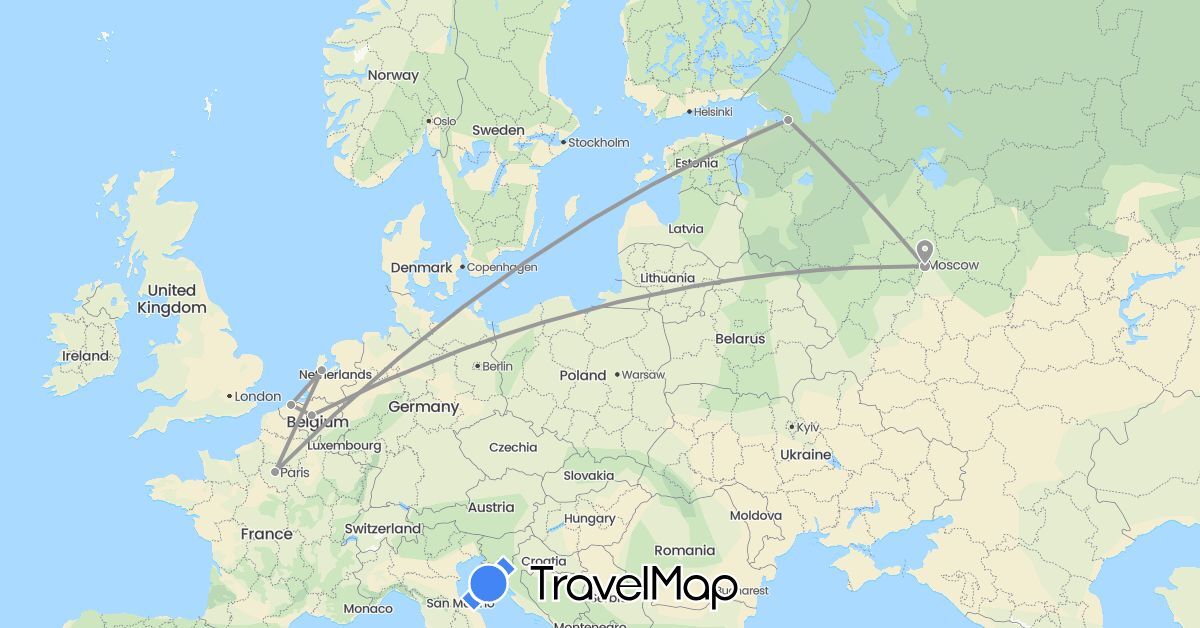 TravelMap itinerary: driving, plane in Belgium, France, Netherlands, Russia (Europe)